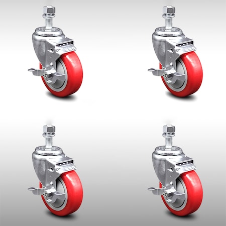 Service Caster 4 Inch SS Red Polyurethane Swivel 12mm Threaded Stem Caster Set Brake SCC SCC-SSTS20S414-PPUB-RED-TLB-M1215-4
